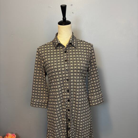 Express Geometric Print Button Up Shirt Dress Collared 3/4 Sleeve Timeless 11/12 - Picture 5 of 9